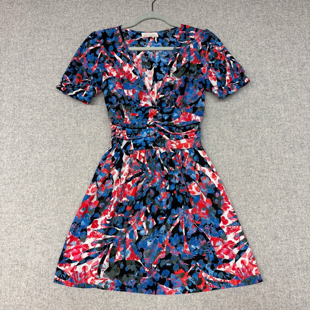 Urban Outfitters Floral Mini Dress XS Blue Red V-Neck Smocked Back Short Sleeve